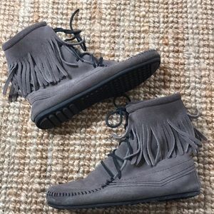 Grey Minnetonka boots